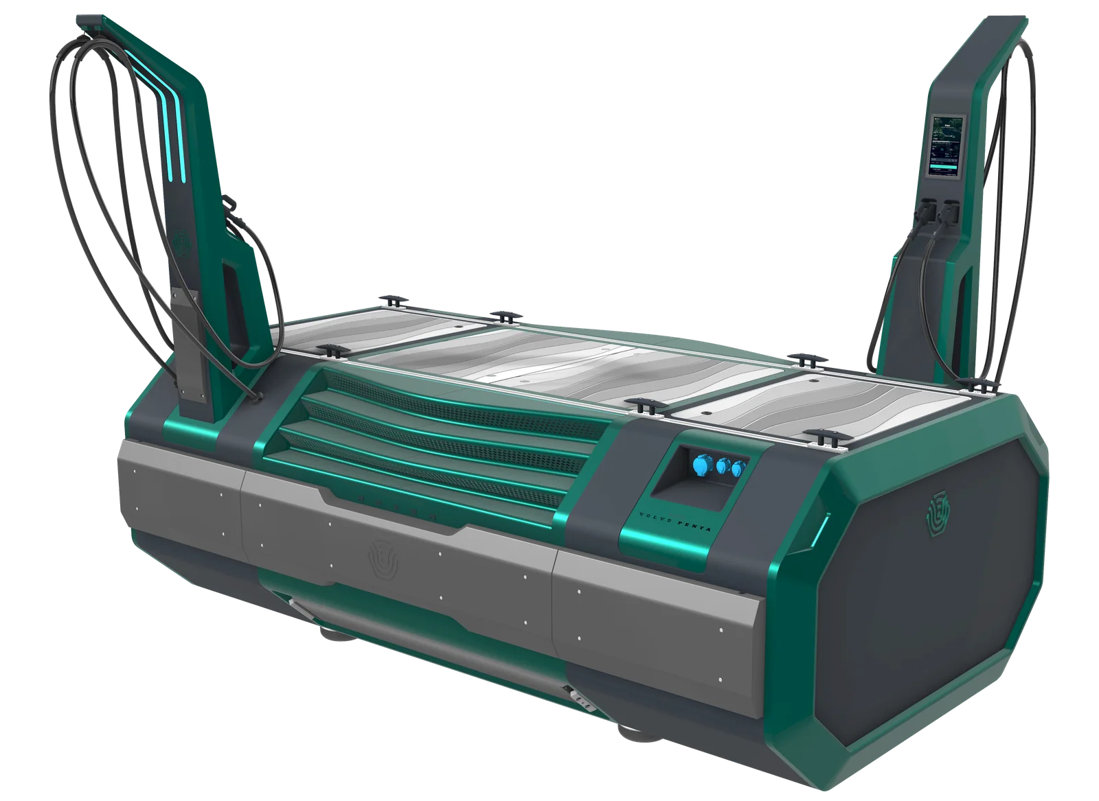Plateforme E-Dock en finition Evergreen, vue en perspective.
