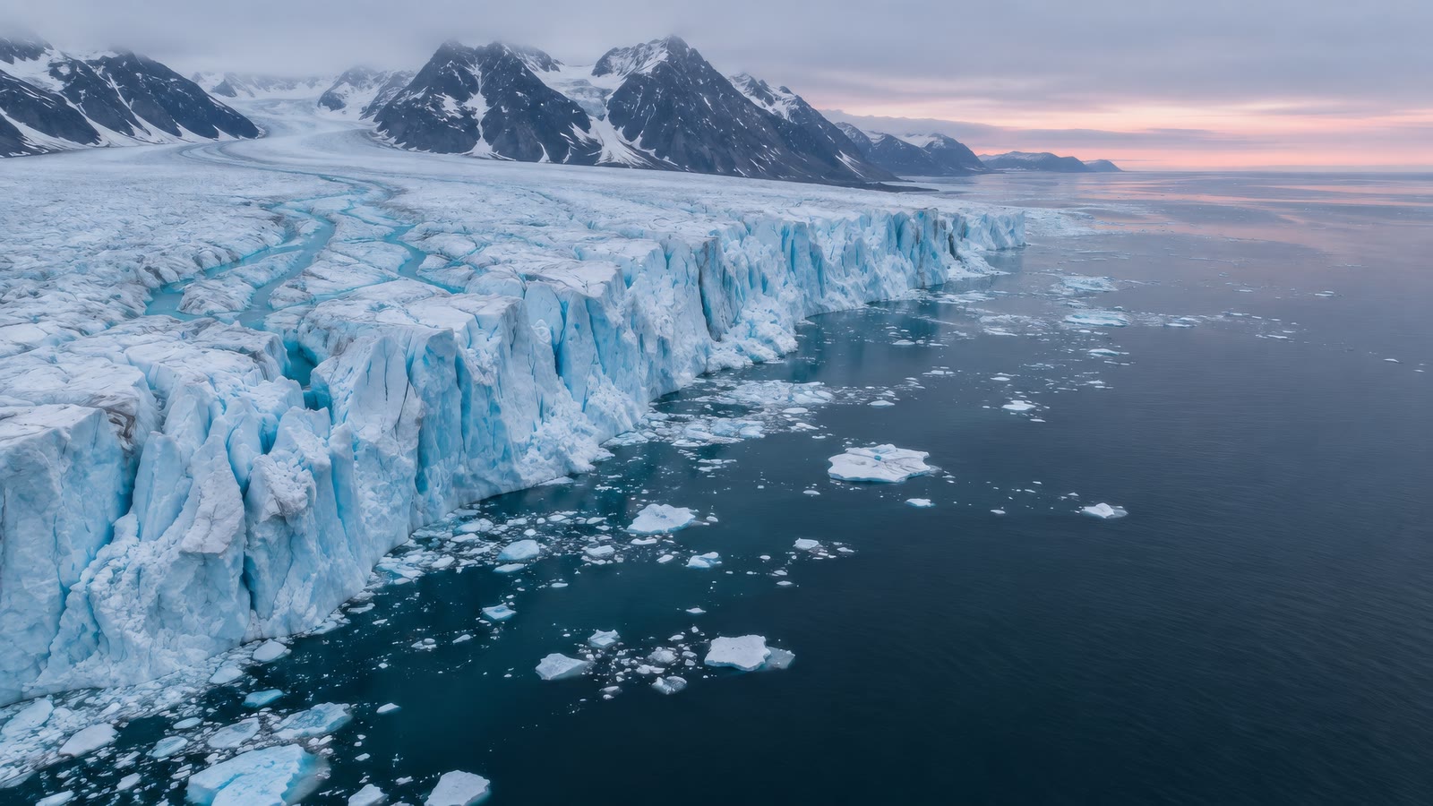 Front d’un glacier se jetant dans une mer parsemée de glaces, sous des montagnes enneigées, vu du ciel.